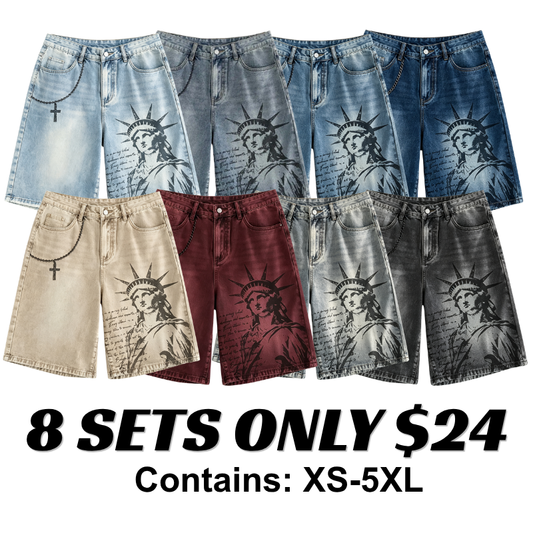 American Style Statue of Liberty Print Summer Retro Denim Jeans Shorts