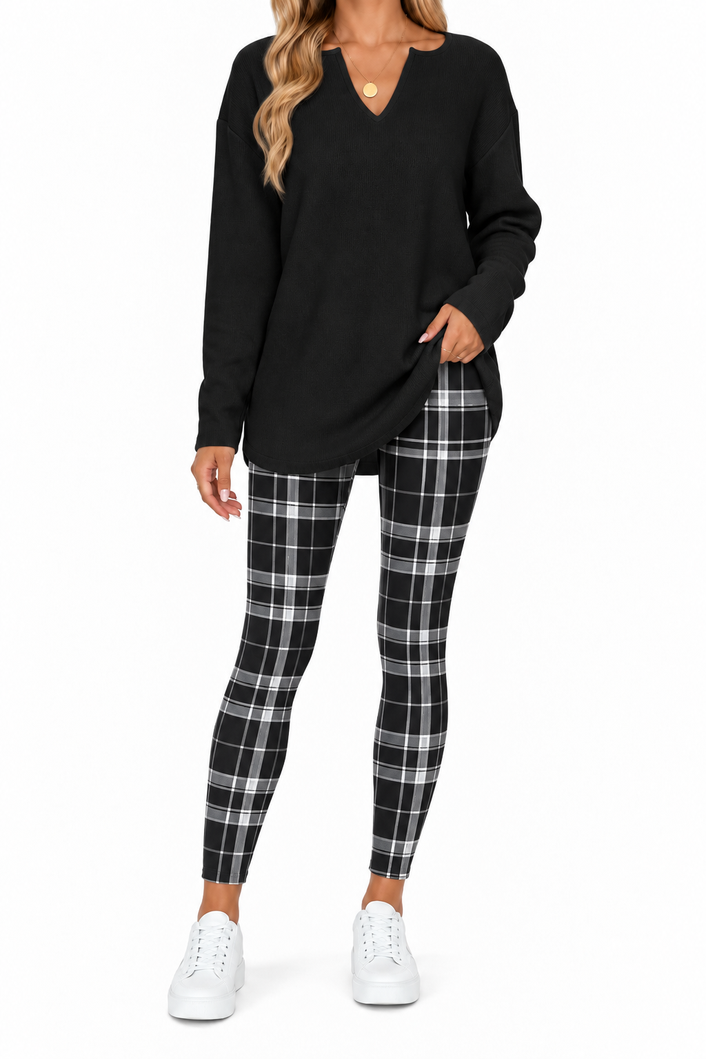 Women's 2-Piece Lounge Set – Long Sleeve Top & Plaid Leggings