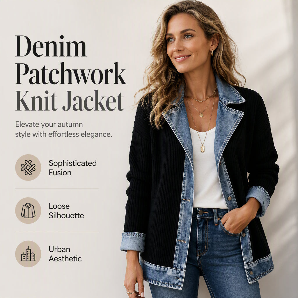 ⌛Limited-Time Offer - Women’s Elegant Denim Spliced Ribbed Knit Coat