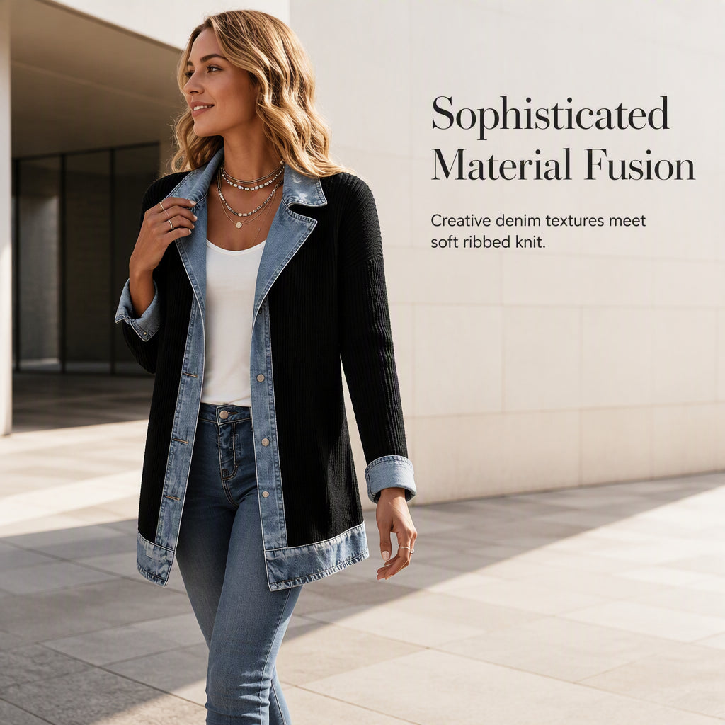 ⌛Limited-Time Offer - Women’s Elegant Denim Spliced Ribbed Knit Coat