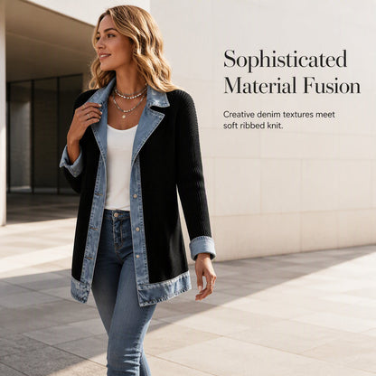 ⌛Limited-Time Offer - Women’s Elegant Denim Spliced Ribbed Knit Coat
