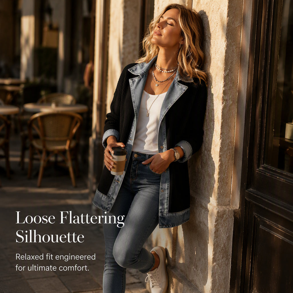 ⌛Limited-Time Offer - Women’s Elegant Denim Spliced Ribbed Knit Coat
