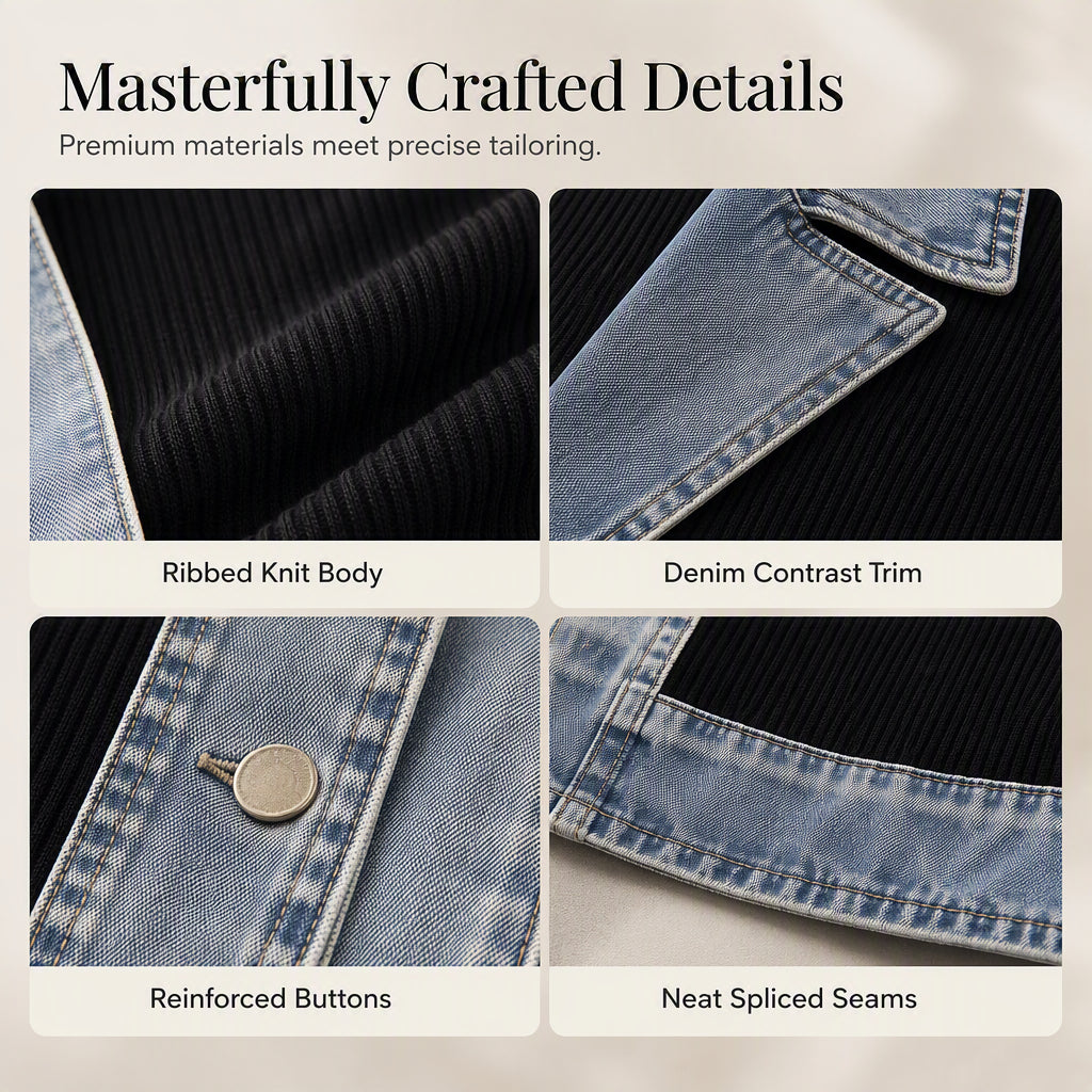 ⌛Limited-Time Offer - Women’s Elegant Denim Spliced Ribbed Knit Coat