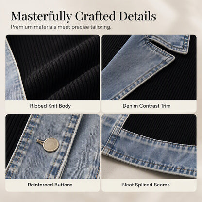 ⌛Limited-Time Offer - Women’s Elegant Denim Spliced Ribbed Knit Coat