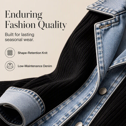 ⌛Limited-Time Offer - Women’s Elegant Denim Spliced Ribbed Knit Coat