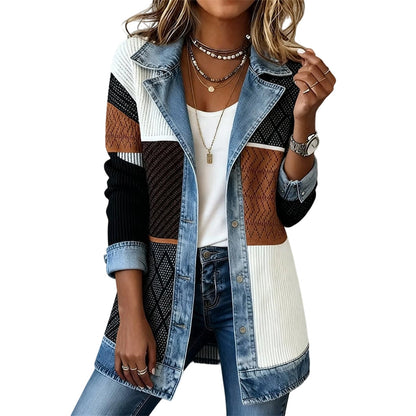 ⌛Limited-Time Offer - Women’s Elegant Denim Spliced Ribbed Knit Coat
