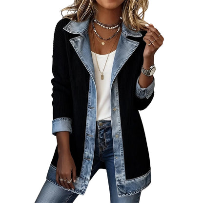 ⌛Limited-Time Offer - Women’s Elegant Denim Spliced Ribbed Knit Coat