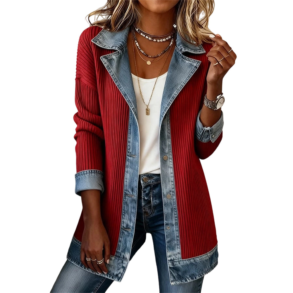 ⌛Limited-Time Offer - Women’s Elegant Denim Spliced Ribbed Knit Coat